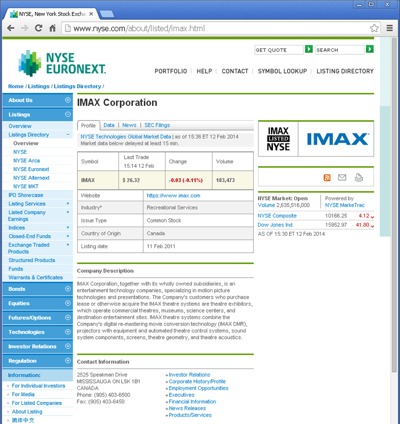 NYSE - Listing - IMAX